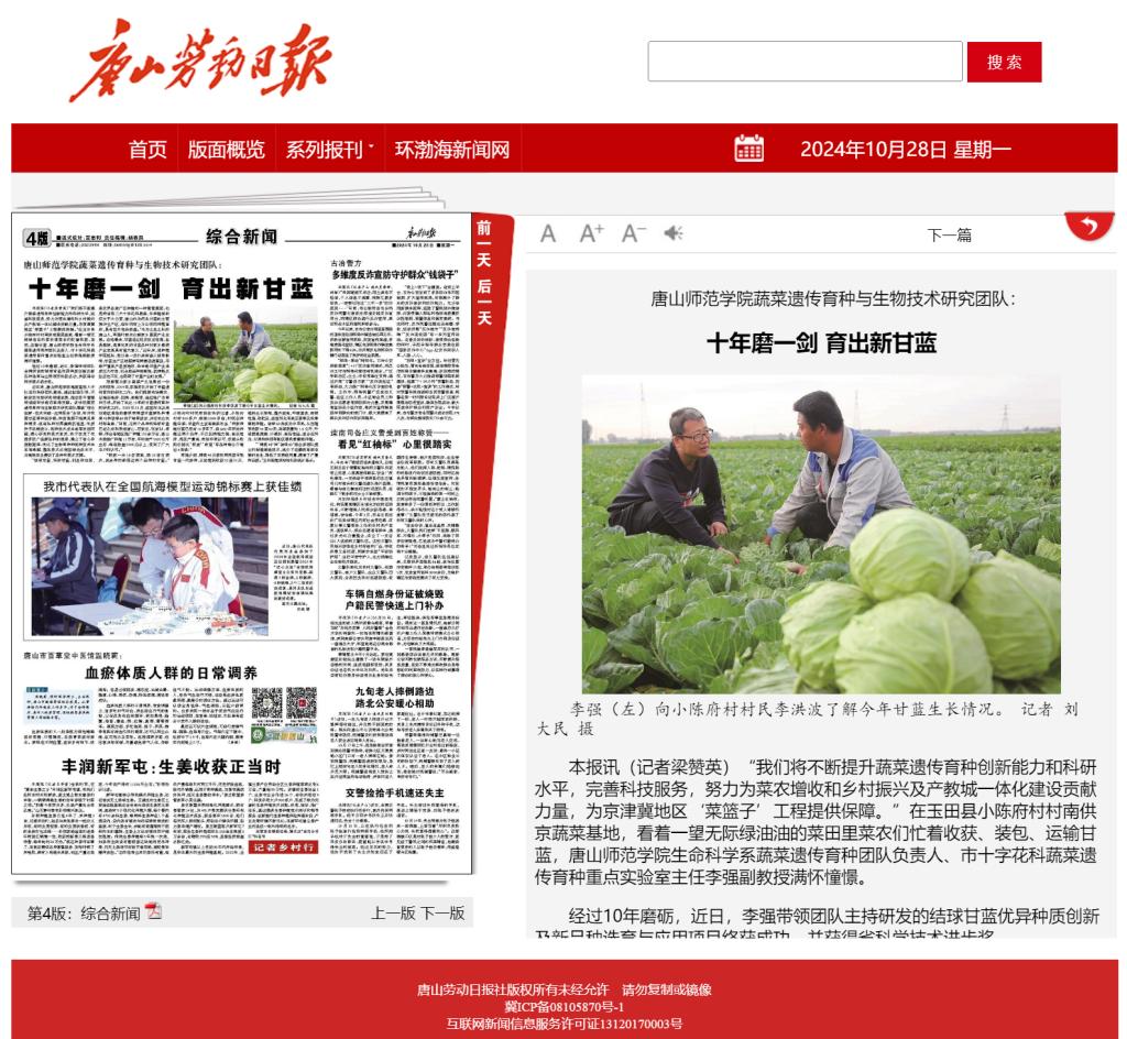 《唐山劳动日报》——2026世界杯官网蔬菜遗传育种与生物技术研究团队：十年磨一剑 育出新甘蓝